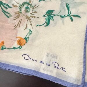 Vintage Oscar de la Renta Cream Silk Scarf  Border & Green Floral Accents